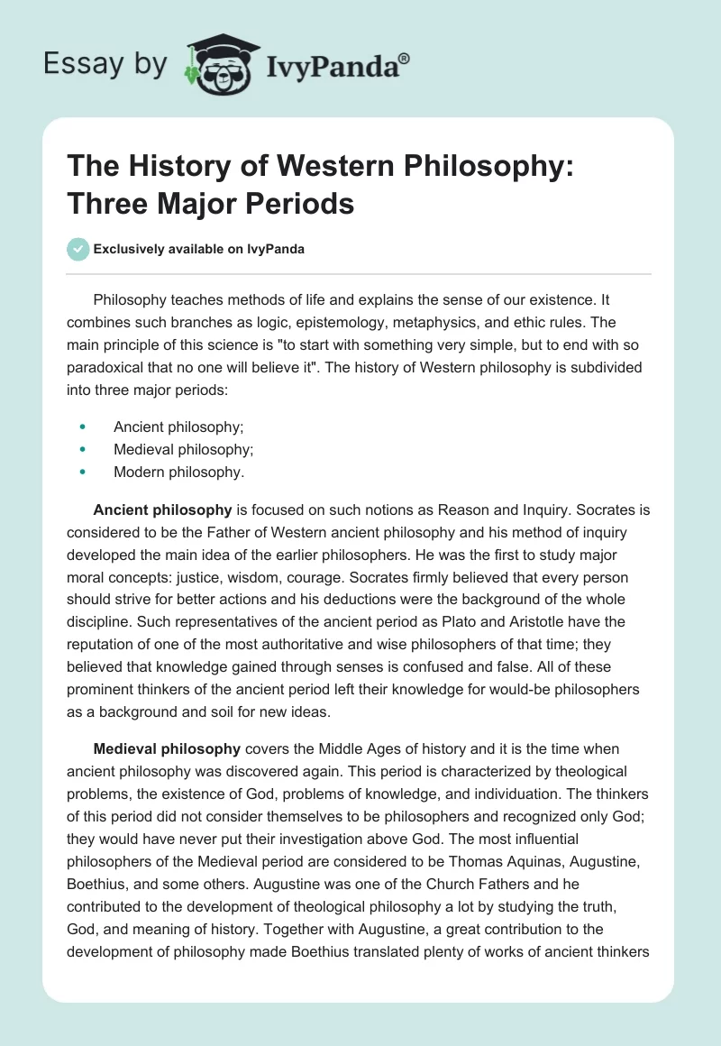 The History of Western Philosophy: Three Major Periods. Page 1