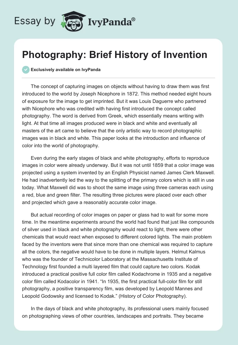 Photography: Brief History of Invention. Page 1