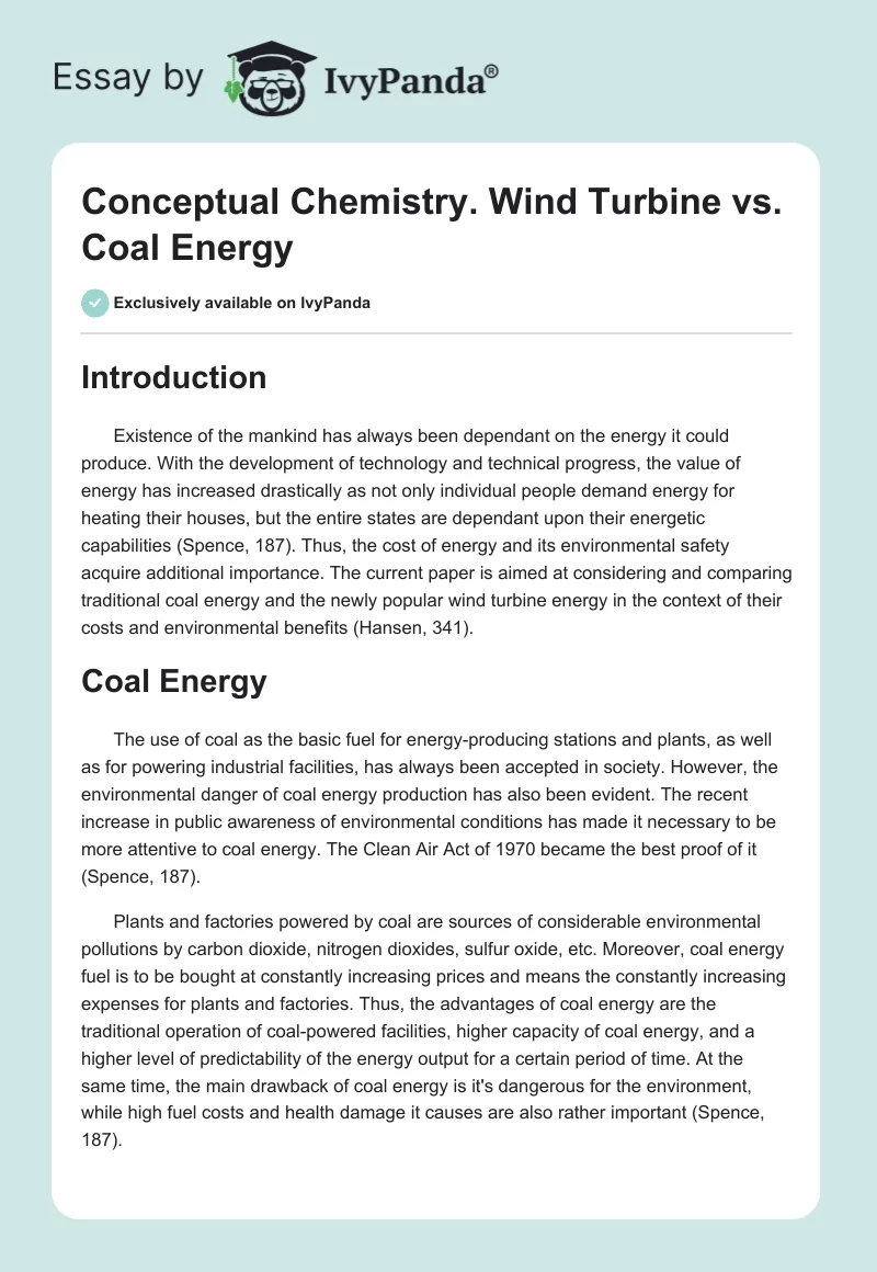 Conceptual Chemistry. Wind Turbine vs. Coal Energy. Page 1