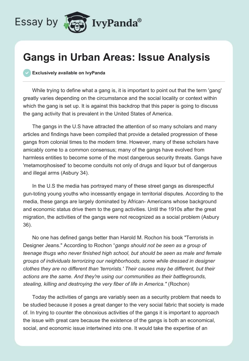 Gangs in Urban Areas: Issue Analysis. Page 1