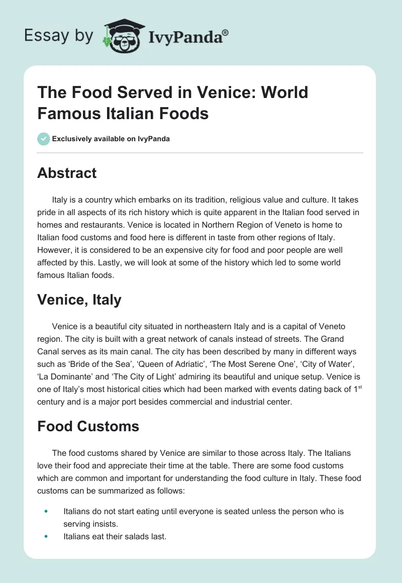 The Food Served in Venice: World Famous Italian Foods. Page 1
