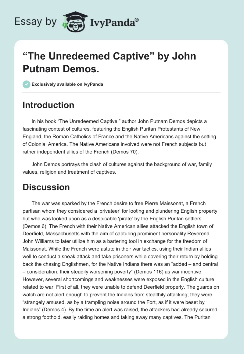 “The Unredeemed Captive” by John Putnam Demos.. Page 1