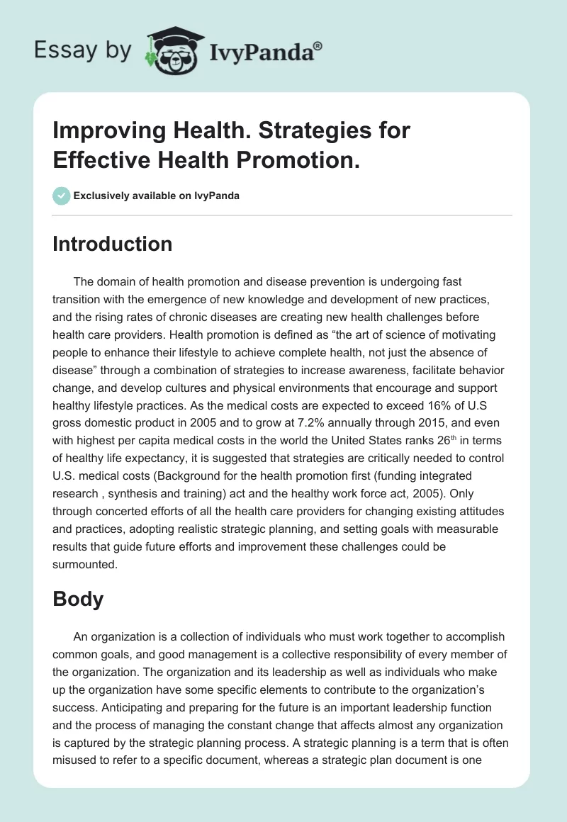 Improving Health. Strategies for Effective Health Promotion.. Page 1