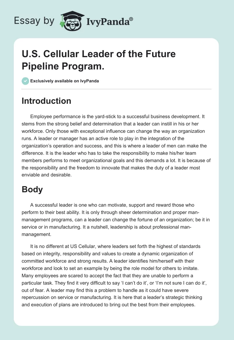 U.S. Cellular Leader of the Future Pipeline Program.. Page 1