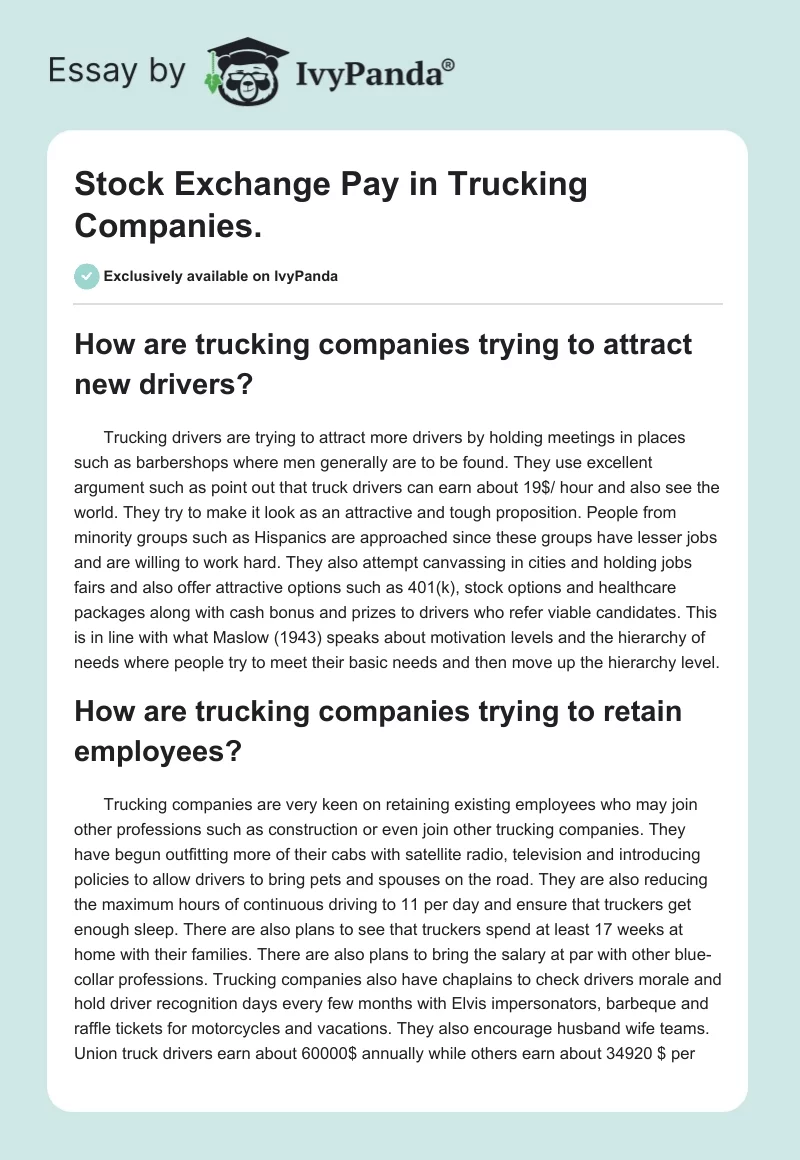 Stock Exchange Pay in Trucking Companies.. Page 1