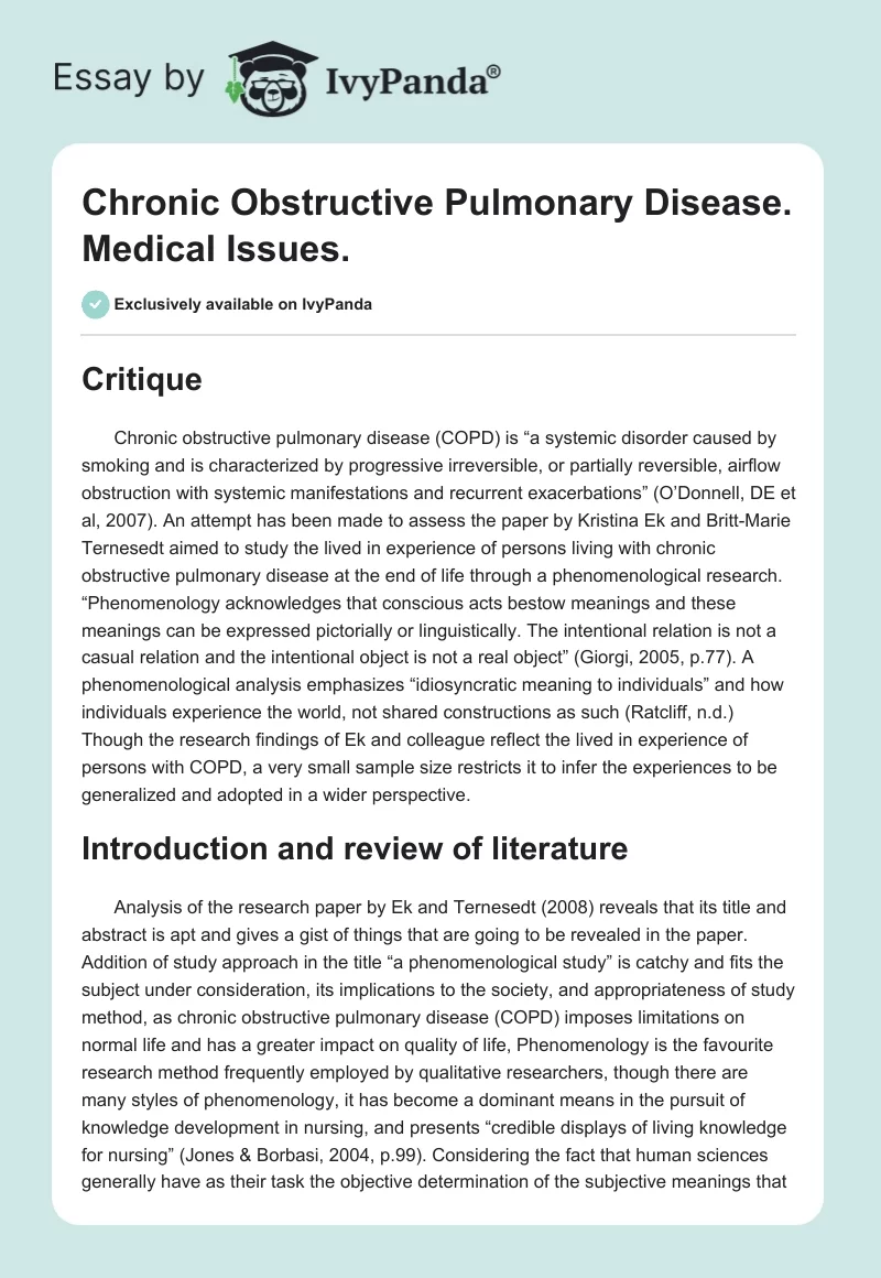 Chronic Obstructive Pulmonary Disease. Medical Issues.. Page 1