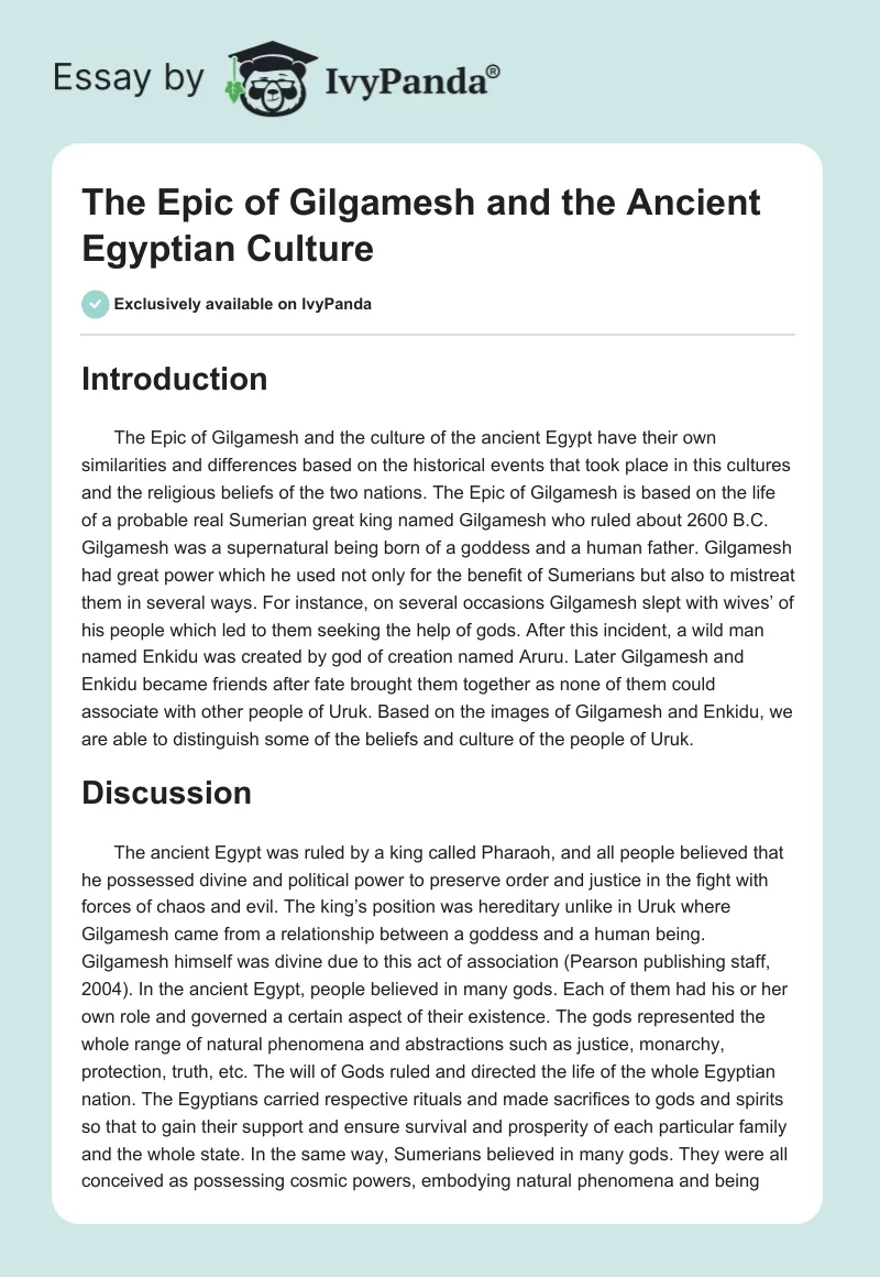 The Epic of Gilgamesh and the Ancient Egyptian Culture. Page 1