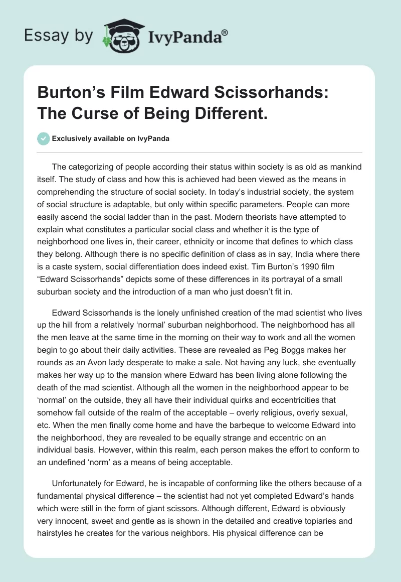 Burton’s Film "Edward Scissorhands": The Curse of Being Different.. Page 1