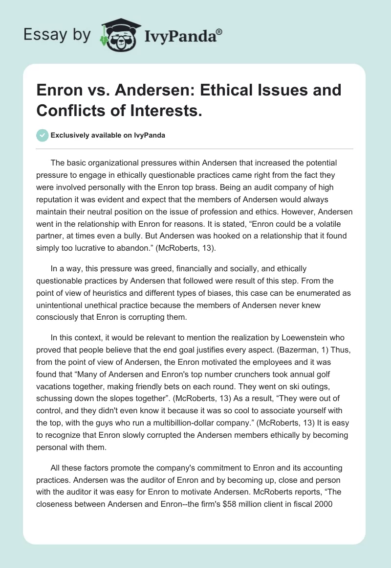 Enron vs. Andersen: Ethical Issues and Conflicts of Interests.. Page 1