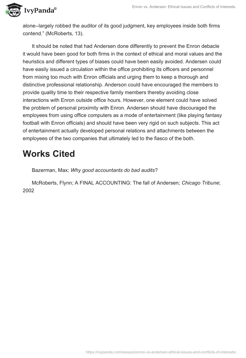 Enron vs. Andersen: Ethical Issues and Conflicts of Interests.. Page 2