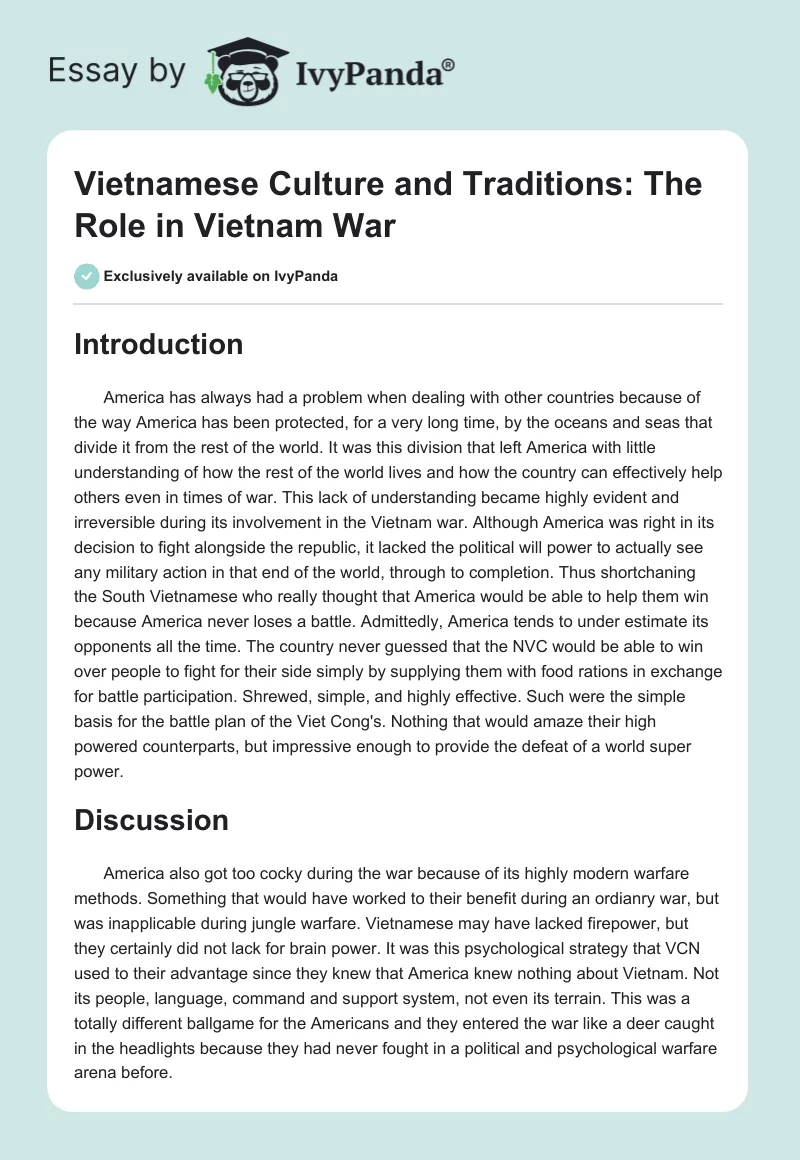 Vietnamese Culture and Traditions: The Role in Vietnam War. Page 1