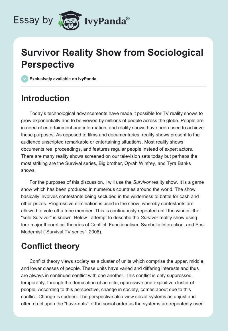 Survivor Reality Show from Sociological Perspective. Page 1