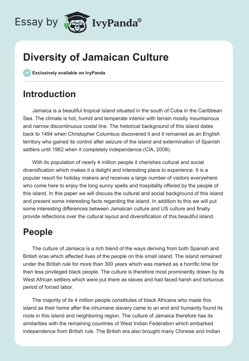 Diversity of Jamaican Culture. Page 1