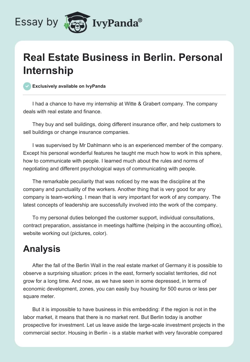 Real Estate Business in Berlin. Personal Internship. Page 1