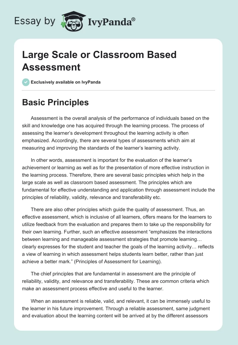 Large Scale or Classroom Based Assessment. Page 1
