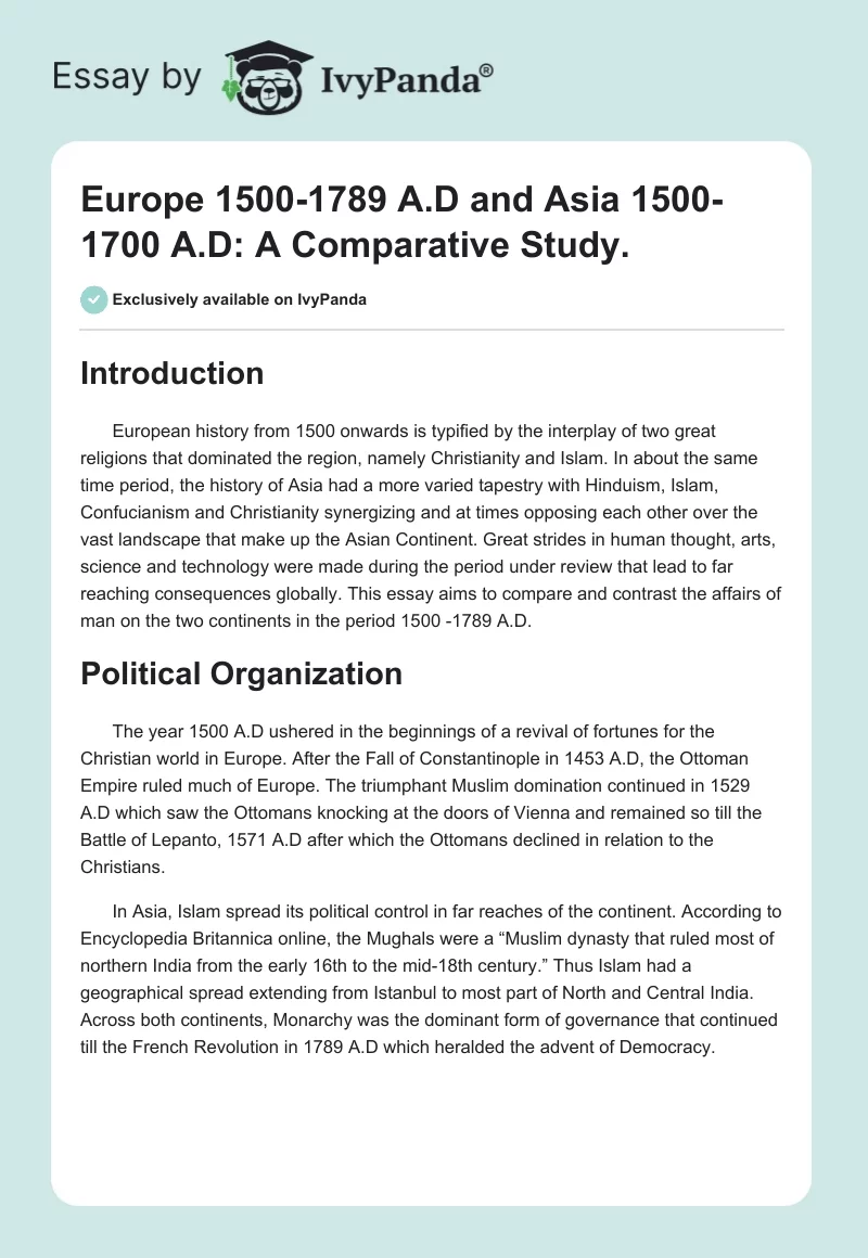 Europe 1500-1789 A.D and Asia 1500-1700 A.D: A Comparative Study.. Page 1