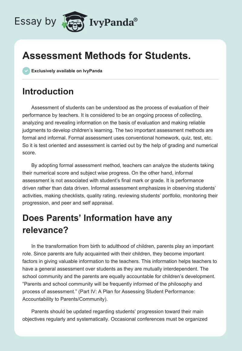 Assessment Methods for Students.. Page 1