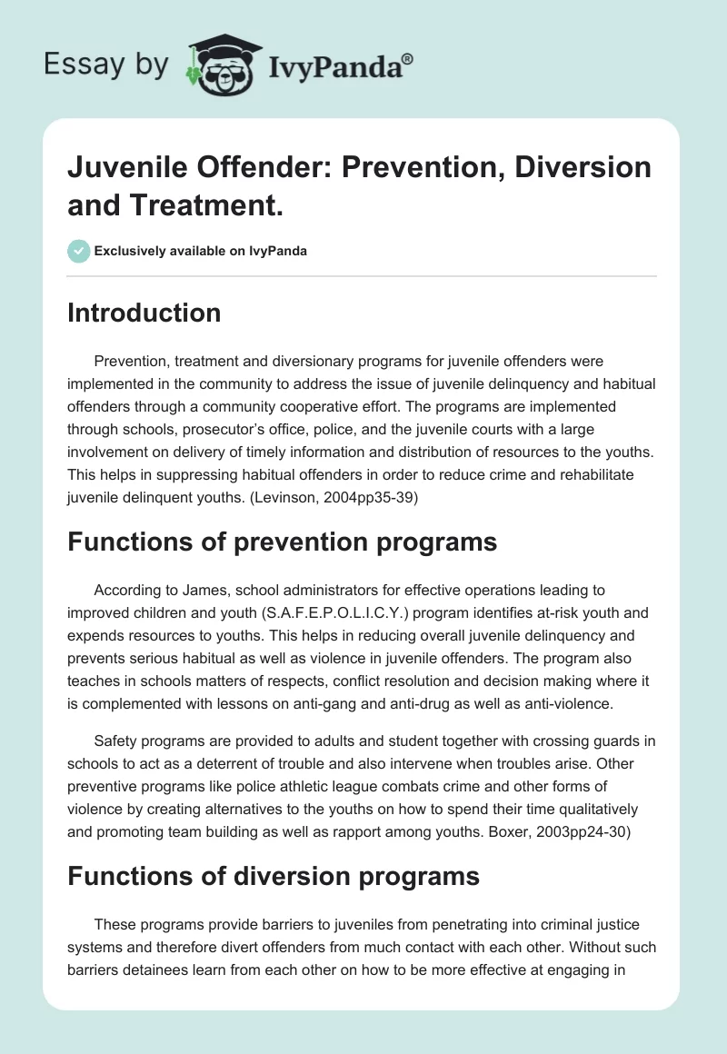 Juvenile Offender: Prevention, Diversion and Treatment.. Page 1