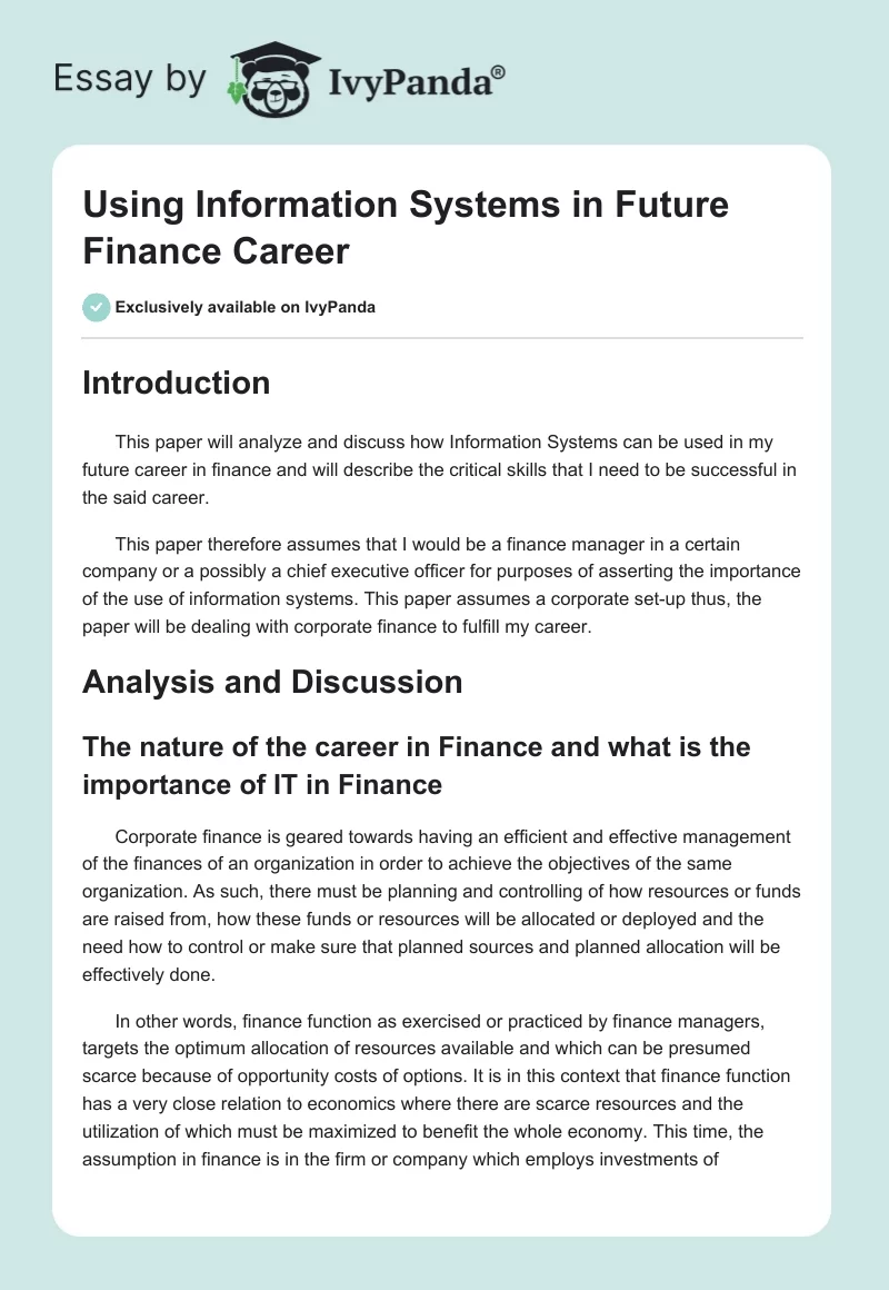 Using Information Systems in Future Finance Career. Page 1