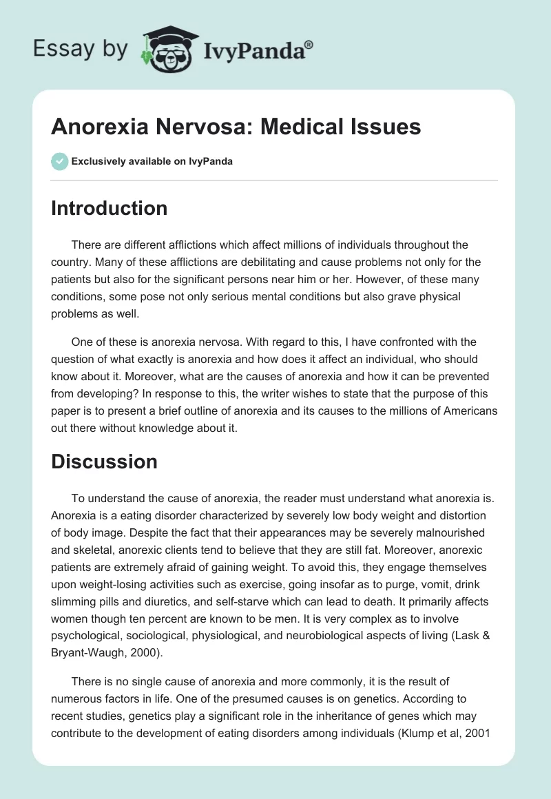 Anorexia Nervosa: Medical Issues. Page 1