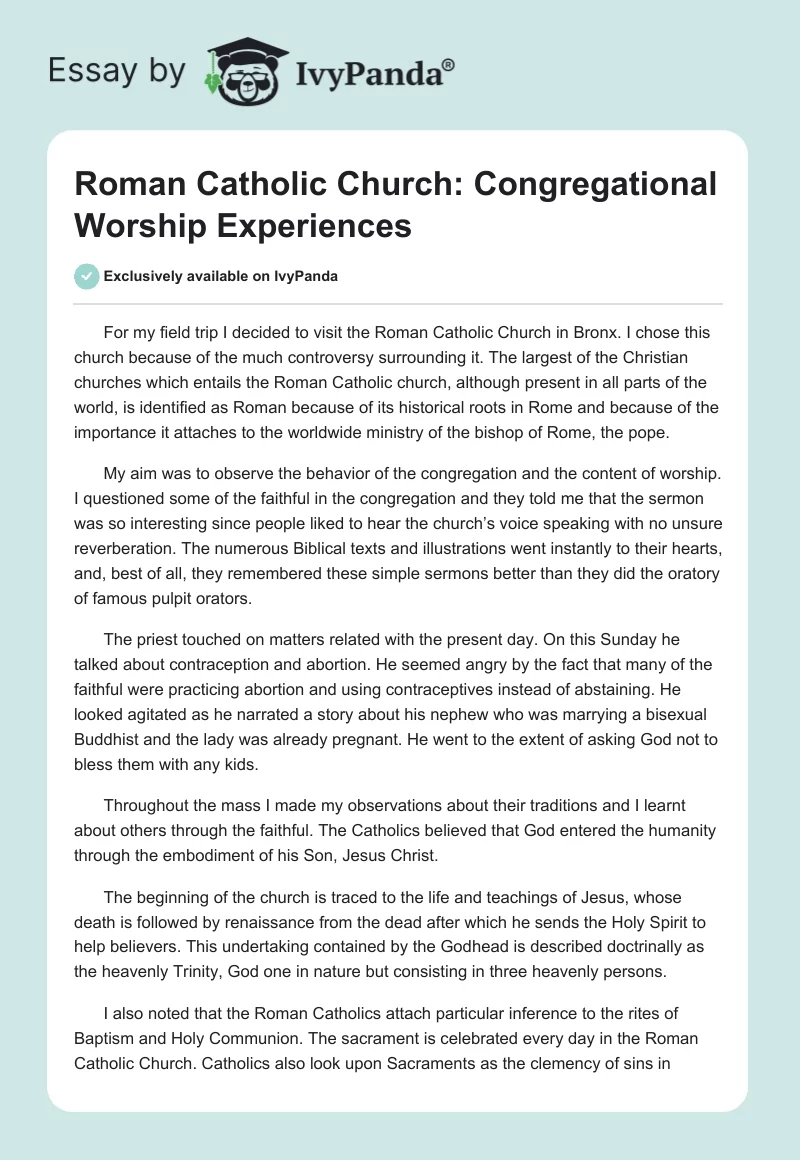 Roman Catholic Church: Congregational Worship Experiences. Page 1