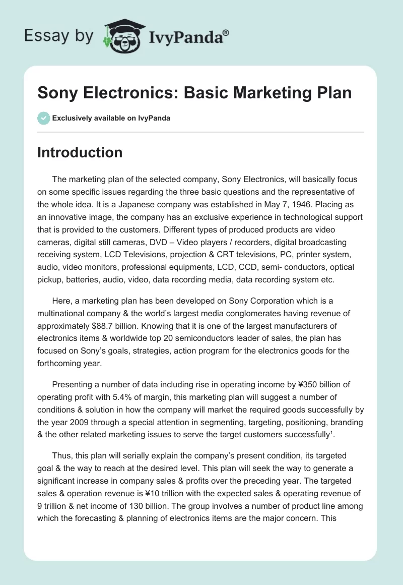 Sony Electronics: Basic Marketing Plan. Page 1