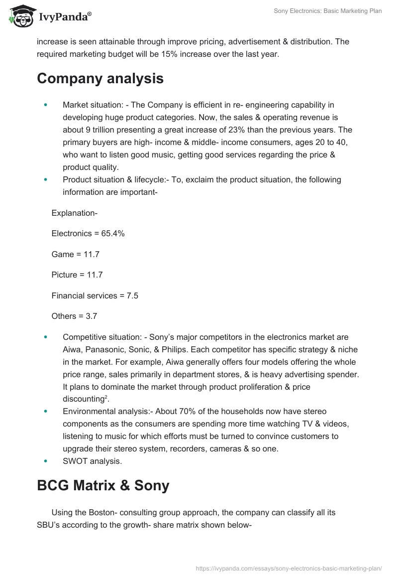 Sony Electronics: Basic Marketing Plan. Page 2