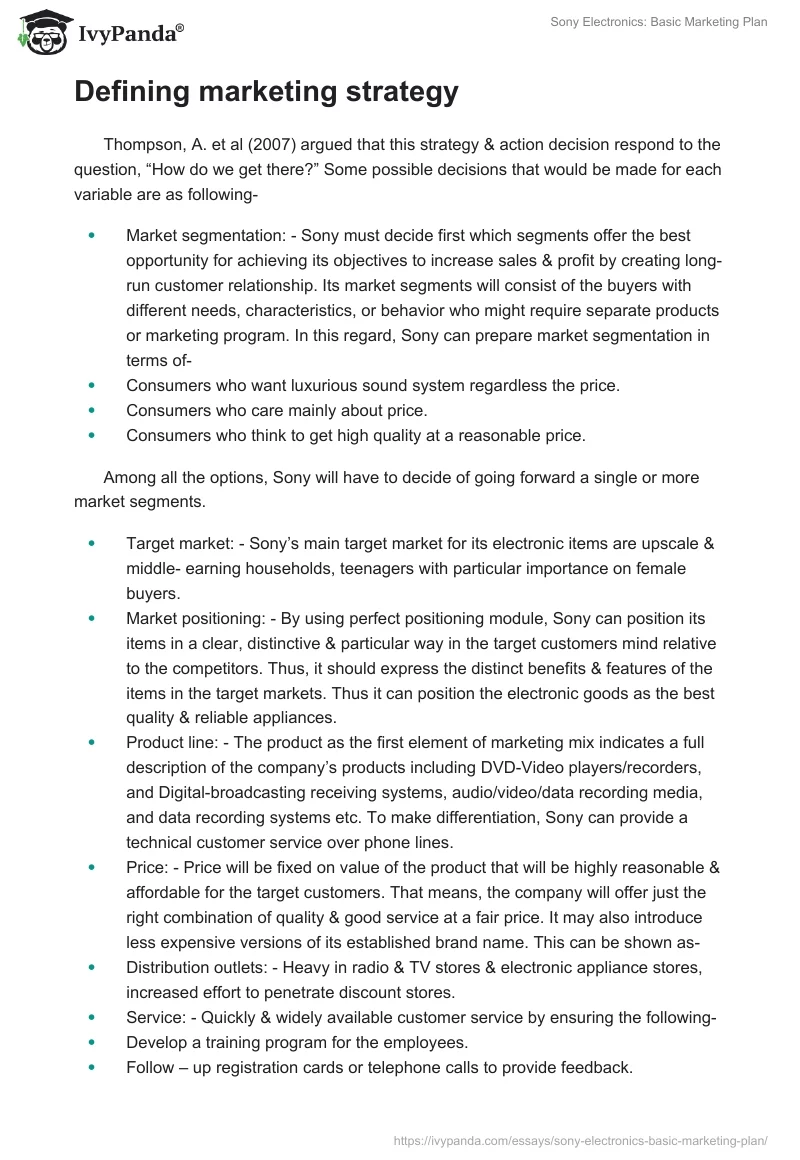 Sony Electronics: Basic Marketing Plan. Page 4