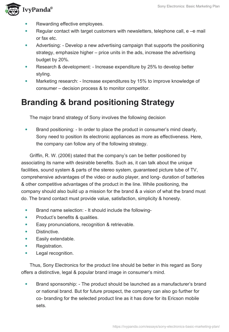 Sony Electronics: Basic Marketing Plan. Page 5