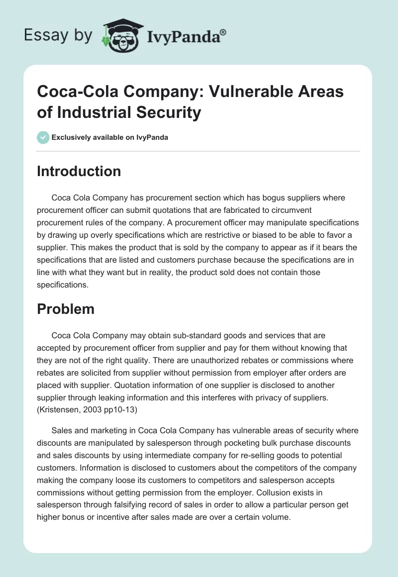 Coca-Cola Company: Vulnerable Areas of Industrial Security. Page 1
