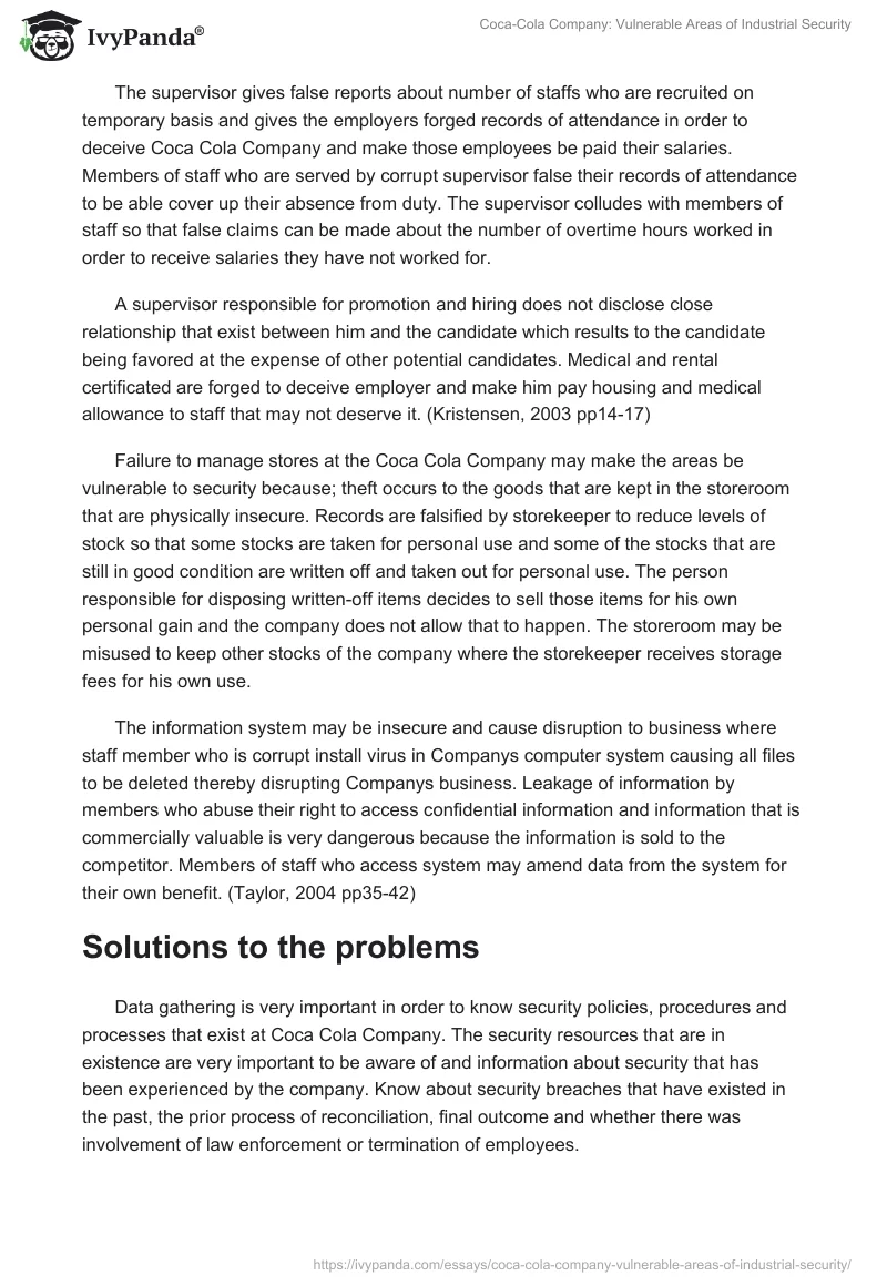 Coca-Cola Company: Vulnerable Areas of Industrial Security. Page 2