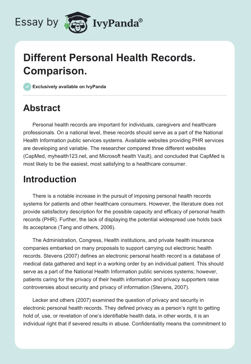 Different Personal Health Records. Comparison.. Page 1