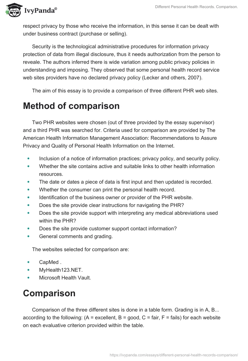 Different Personal Health Records. Comparison.. Page 2