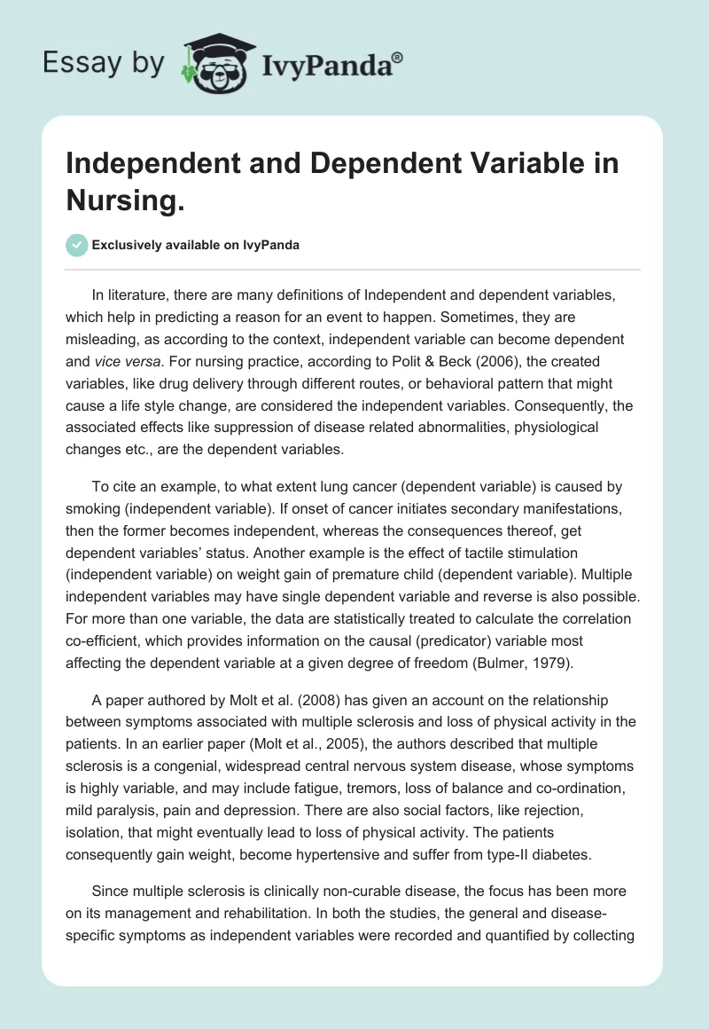 Independent and Dependent Variable in Nursing.. Page 1