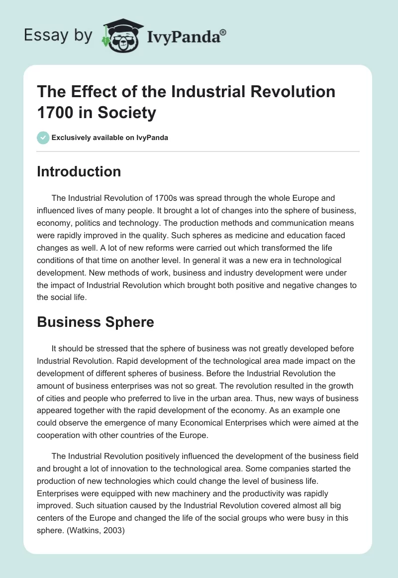 The Effect of the Industrial Revolution 1700 in Society. Page 1