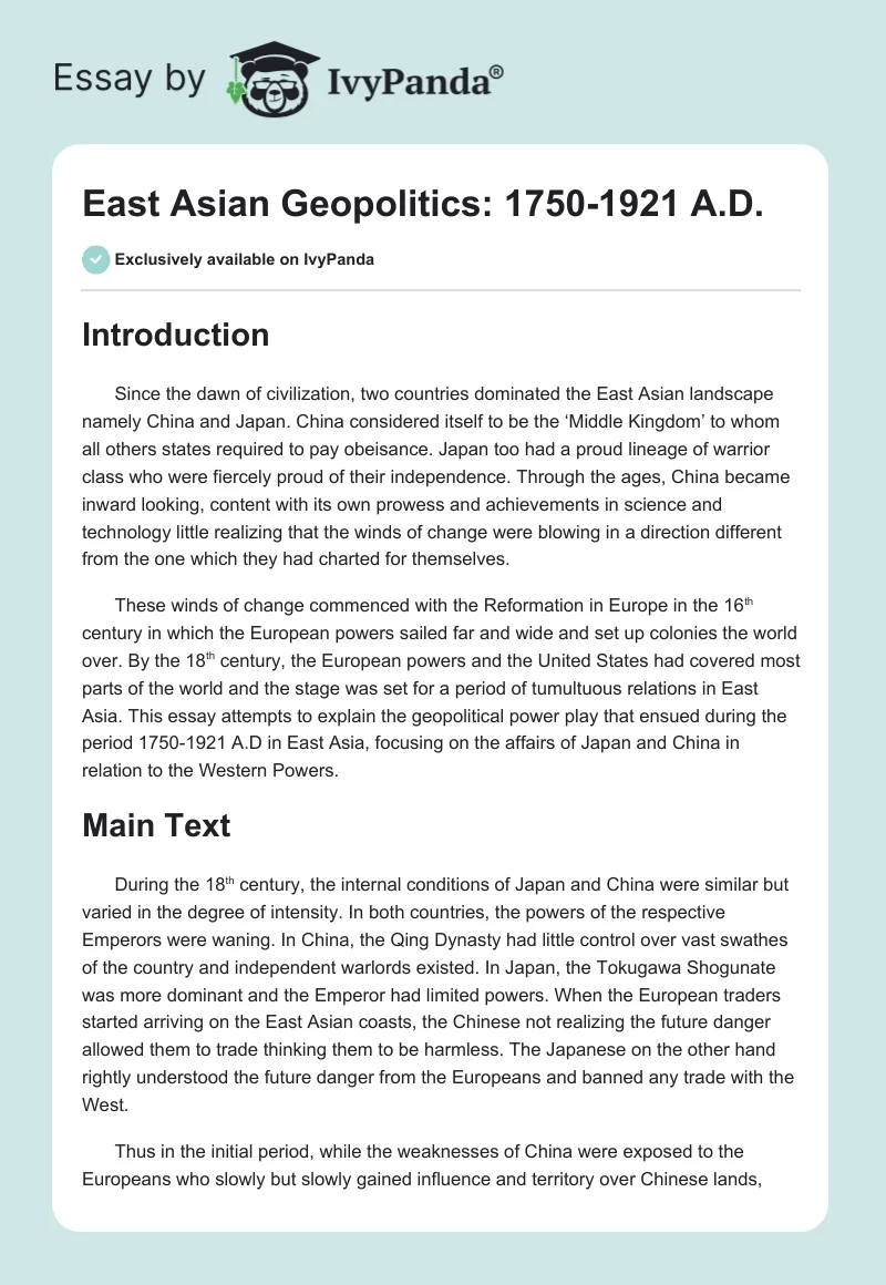 East Asian Geopolitics: 1750-1921 A.D.. Page 1