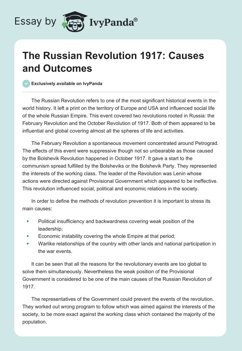 The Russian Revolution 1917: Causes and Outcomes. Page 1