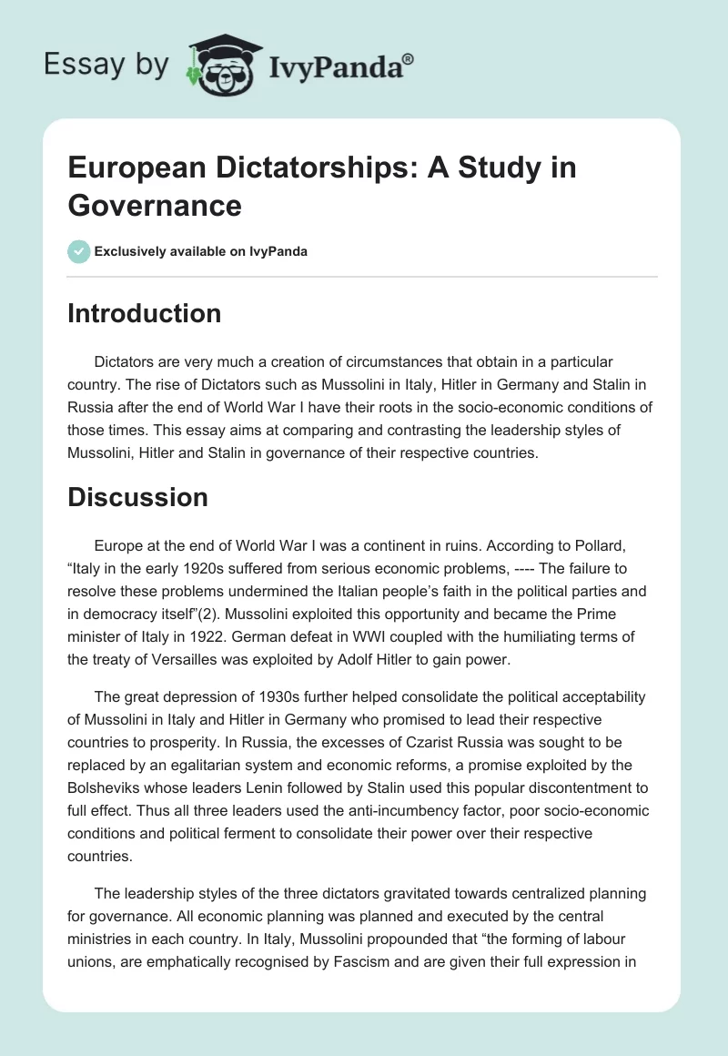 European Dictatorships: A Study in Governance. Page 1