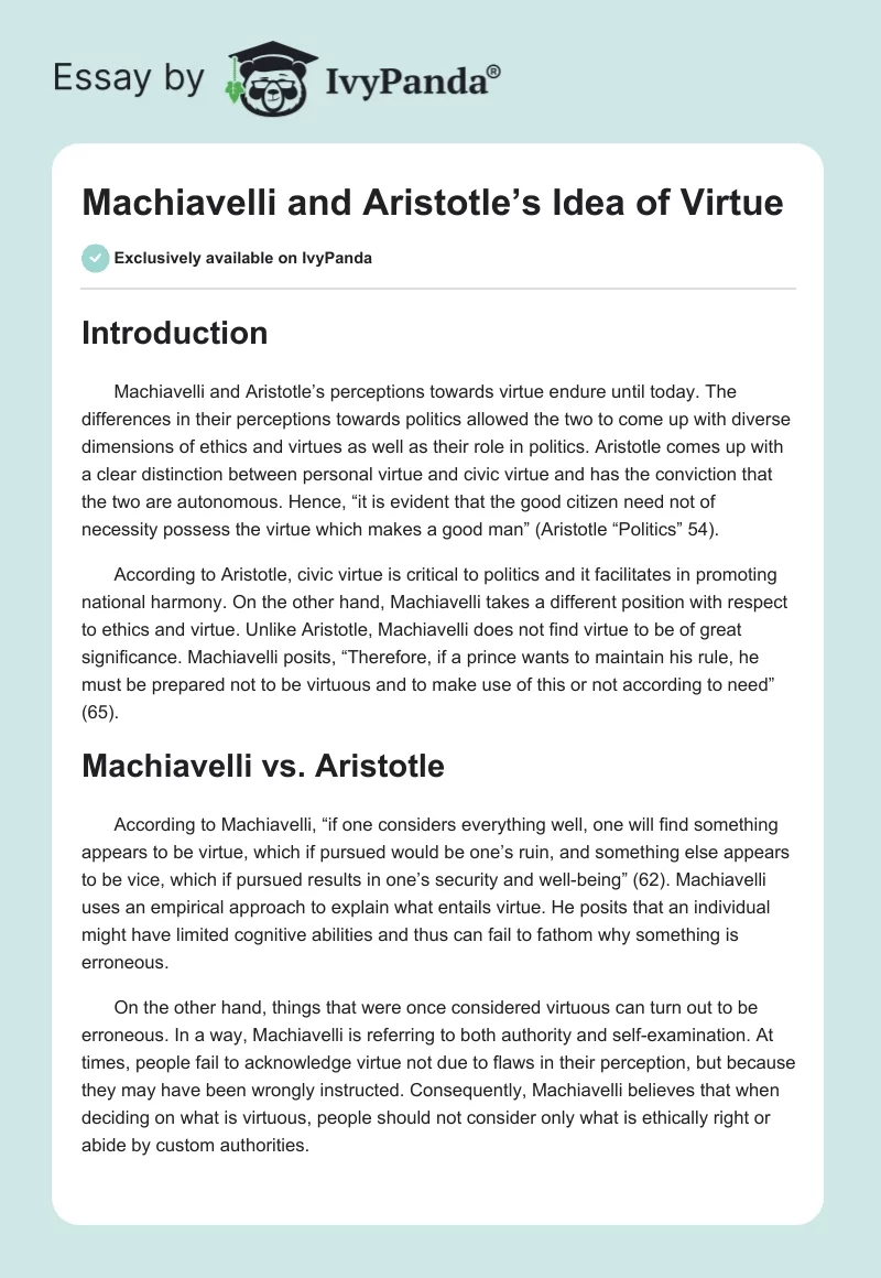Machiavelli and Aristotle’s Idea of Virtue. Page 1