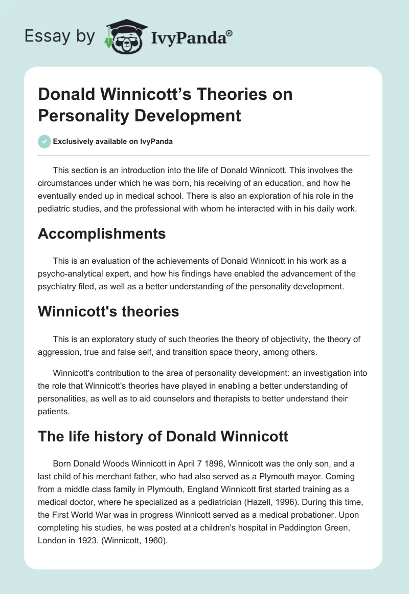 Donald Winnicott’s Theories on Personality Development. Page 1
