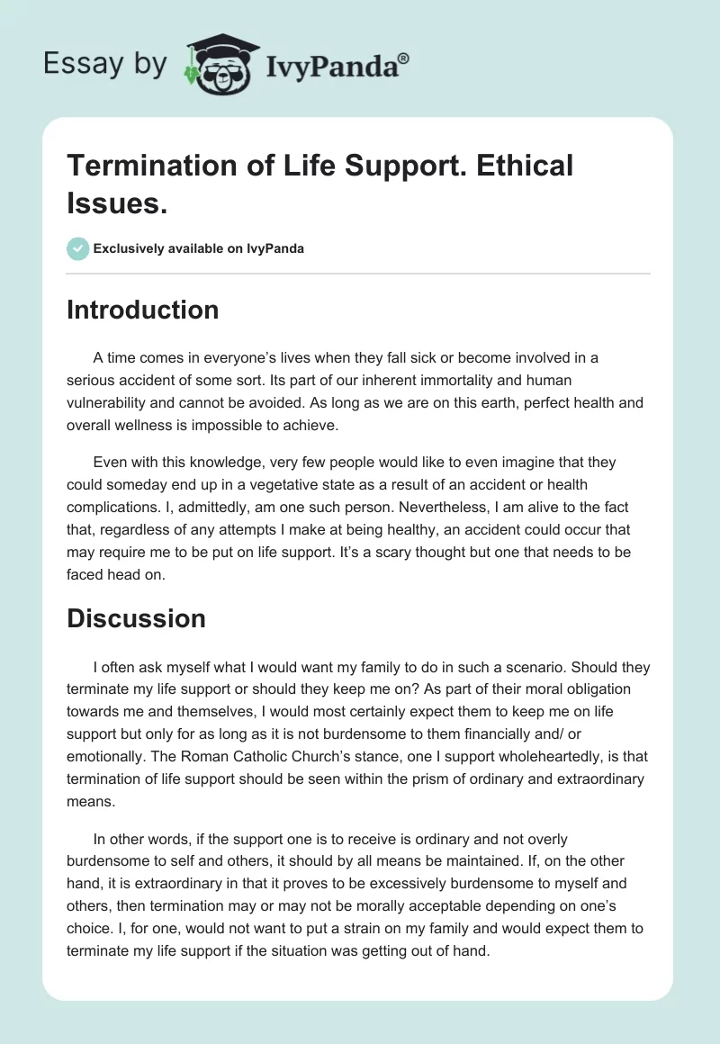 Termination of Life Support. Ethical Issues.. Page 1