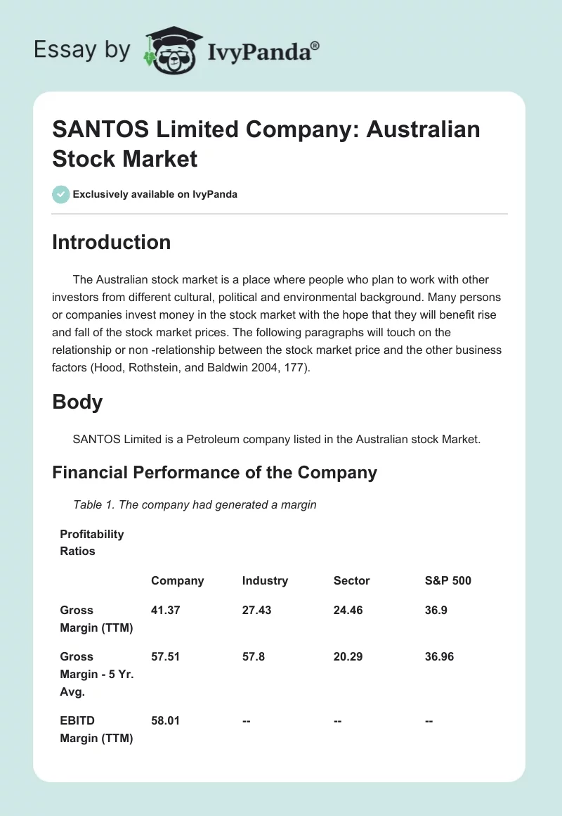 SANTOS Limited Company: Australian Stock Market. Page 1