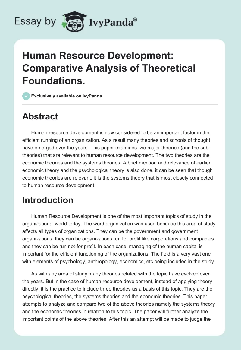 Human Resource Development: Comparative Analysis of Theoretical Foundations.. Page 1