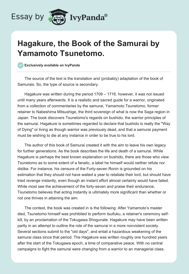 "Hagakure, the Book of the Samurai" by Yamamoto Tsunetomo.. Page 1