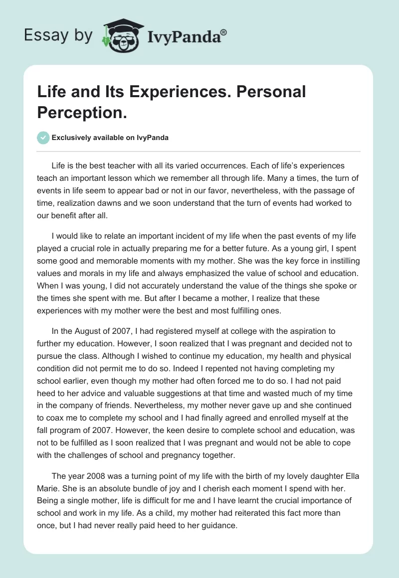 Life and Its Experiences. Personal Perception.. Page 1