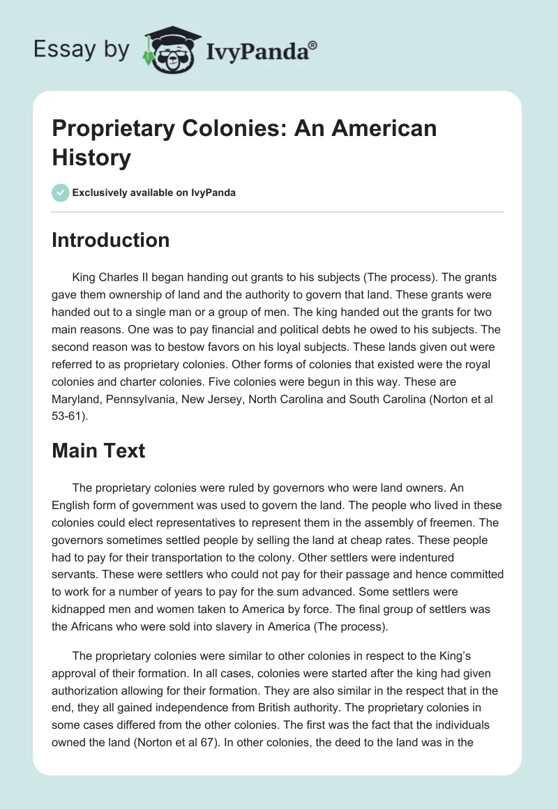 Proprietary Colonies: An American History. Page 1