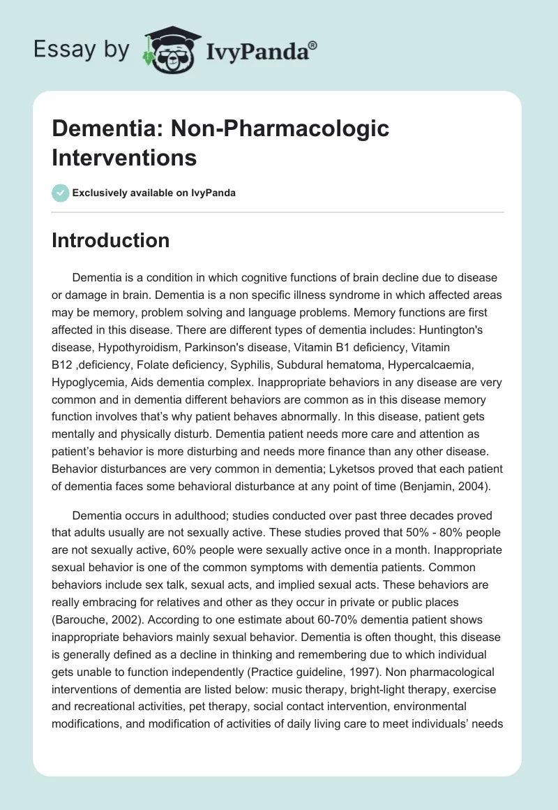 Dementia: Non-Pharmacologic Interventions. Page 1