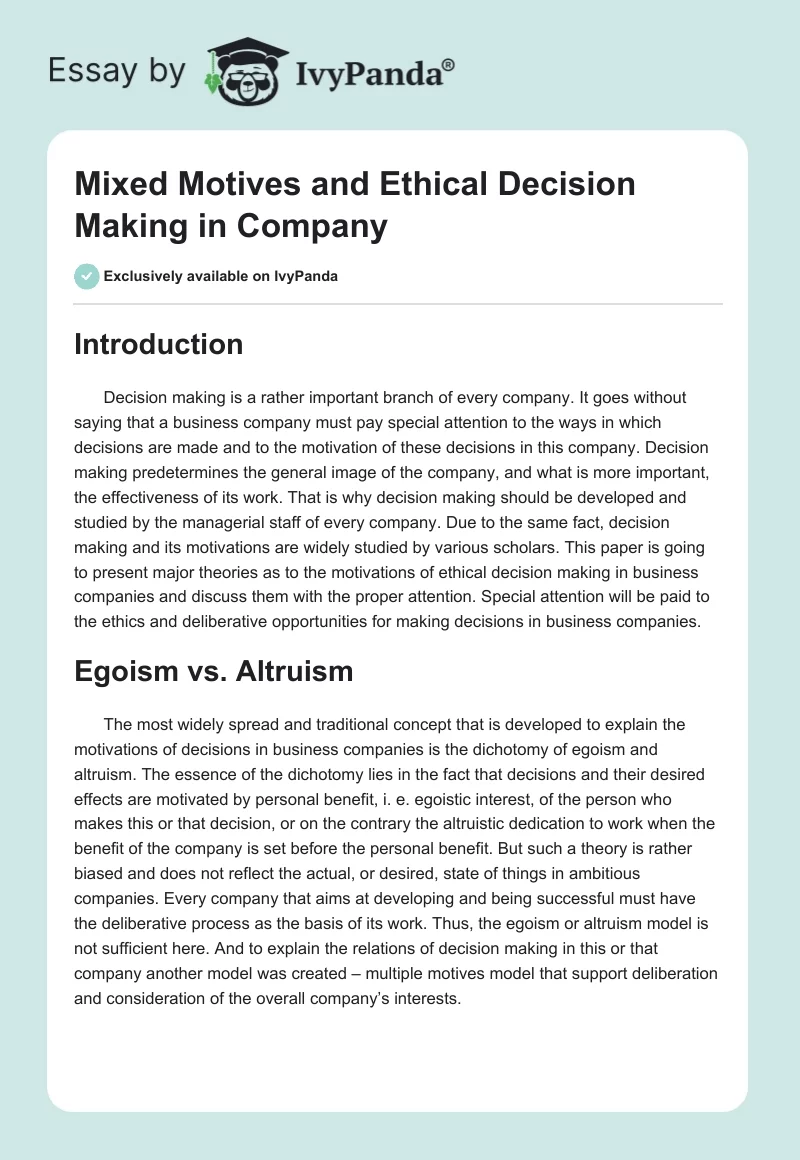 Mixed Motives and Ethical Decision Making in Company. Page 1