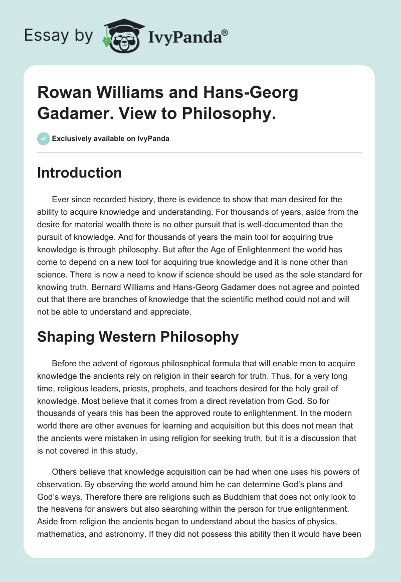 Rowan Williams and Hans-Georg Gadamer. View to Philosophy.. Page 1