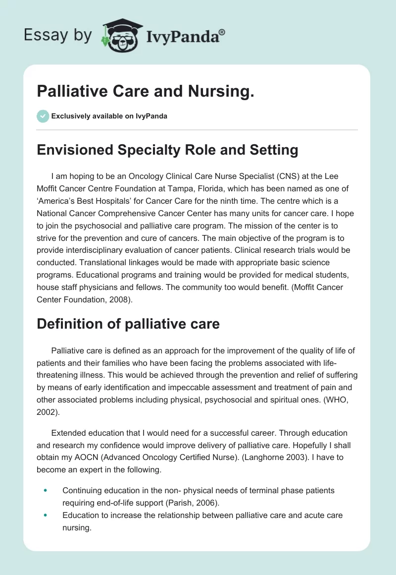 Palliative Care and Nursing.. Page 1